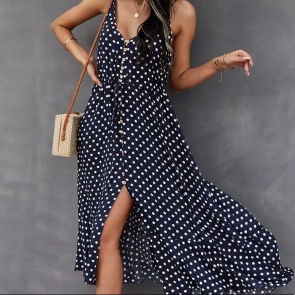 Boho mint green button up v neck tie polka dot dress - Picture 3 of 16